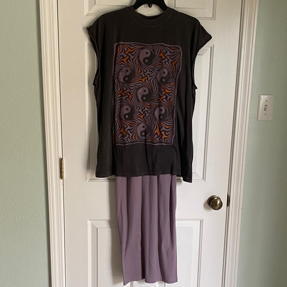Stylish Purple Maxi Dress with distressed gray tee